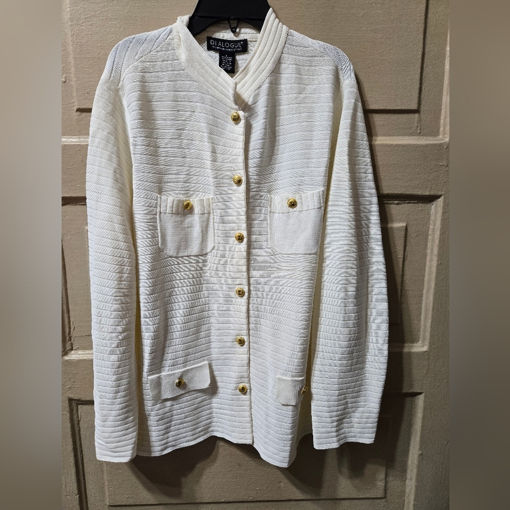 QVC Dialogue Ivory/Off White Gold Button Ribbed Cardigan NWT
